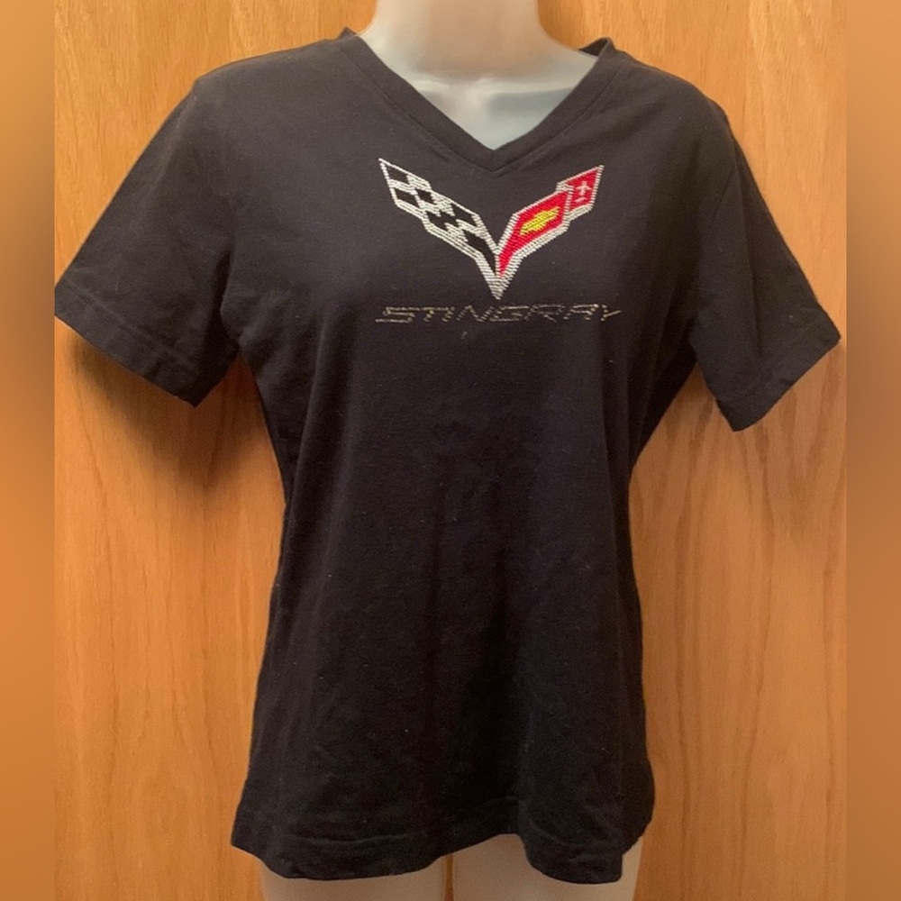 Stingray Logo Sequined Black Tee Shirt Medium